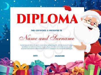 Kindergarten diploma kids certificate with Santa and Christmas gifts. Happy Santa Claus or saint Nicholas character holding banner, wrapped holiday presents, decorated ribbon bows cartoon vector