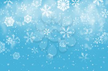 Christmas snow flakes vector background of falling white snowflakes, Xmas and New Year winter holidays design. Snowfall of ice crystals and star shaped snow flakes, snowy weather, snowstorm, blizzard