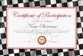 Certificate of participation, diploma vector template with black and white chequered rally flag. Race winner award border design, racing victory success celebration diploma for best result achievement