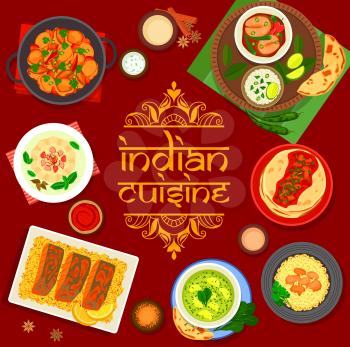 Indian cuisine restaurant menu cover with vector frame of rice, fish curry, vegetables and meat pilaf. Flatbread with tomato chutney, spinach palak paneer and tandoori fish, ice cream, bombay potato