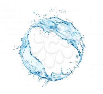 Transparent blue water round swirl frame with splash and bubbles, vector. Realistic 3d water with splashing drops whirl, liquid blue clear aqua wave with fresh droplet of clean drink with pouring flow