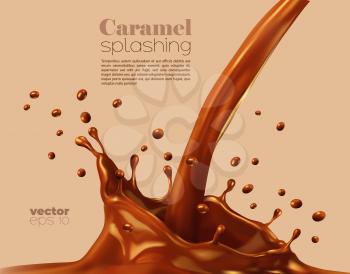 Sweet caramel flow with corona splash of pouring chocolate with drops splatter, vector background. Caramel cream dessert or drink flow and pour splash with round swirl of cacao or milkshake syrup