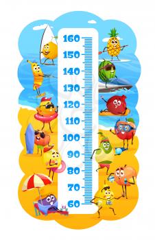 Kids height chart. Cartoon tropical fruits on summer beach vacation. Vector growth meter wall scale of height measurement with funny characters pineapple, pear, banana, peach, lemon, mandarin and plum