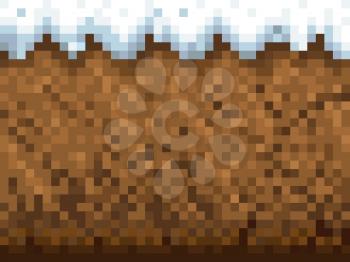 Ice, snow and ground blocks pattern, cubic pixel game background. Winter season 8bit gaming interface 2d technology. Retro backdrop with soil layer and icy cap underground, earth cross section