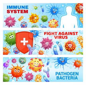 Virus protection, immune system medical banners with cartoon viruses, microbes and pathogens. Human healthy immunity vector banners with smiling germ, microorganism or bacteria cells funny characters