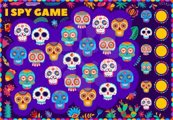 I spy kids game with mexican sugar calavera skulls, Day of Dead Dia de Los Muertos vector educational puzzle, development of numeracy skills and attention, cartoon riddle worksheet for children