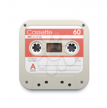 Music cassette web app interface vector icon with retro audio cassette tape or analog magnetic tape. 3d cassette with white red label isolated application icon of music player or recorder. UI design