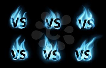 VS and versus vector signs with blue gas fire flames. VS battle challenge isolated symbols of sport game match, boxing fight, team competition or duel confrontation with burning tongues of gas flames