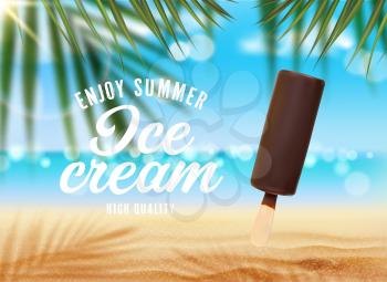 Ice cream stick with chocolate glaze on summer beach, cold sweet dessert food vector design. Eskimo ice cream realistic 3d poster with background of exotic sand beach, sea waves and green palm leaves