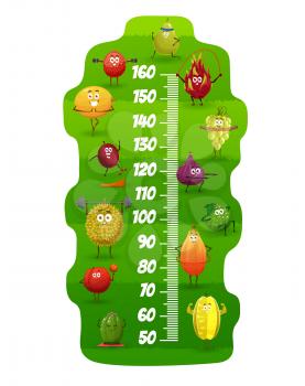Cartoon tropical fruits on fitness. Kids height chart, child growth meter with funny exotic fruits, guava, pitaya and lychee, maracuya, papaya and fig, durian and carambola, feijoa vector characters