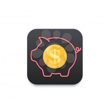 Piggy bank with golden coin icon of money saving app. Pig pink silhouette and gold coin with dollar sign isolated 3d square vector button of mobile or web financial service, economy and business