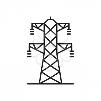 Lattice tower and overhead power line isolated thin line icon. Vector two phase transmission towers power lines outline sign. Electricity pylon structure, steel lattice tower to support power line