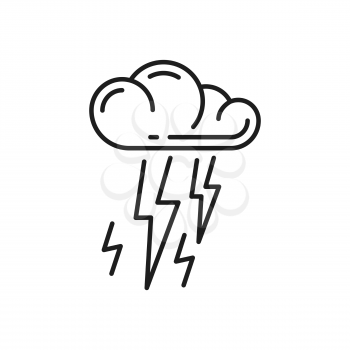 Cloud and lighting bolt isolated natural energy source thin line icon. Vector eco friendly clean and green energy, rainy weather sign, weather forecast sign outline meteorology thunderstorm symbol