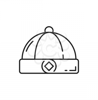 Chinese traditional mens hat auspicious symbol ahead isolated thin line icon. Vector traditional China classical cap, oriental style headwear. New year holiday celebration symbol, costume accessory