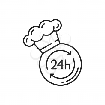 Express food delivery 24h, day night fast online order and deliver services, emblem with chef cook hat isolated thin line icon. Vector emergency services on tasty food cooking, takeaway takeout meals