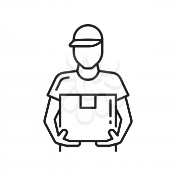 Deliveryman with parcel isolated courier holding cardboard box thin line icon. Vector outline postman with package. Delivery, postal service, express shipping and food delivery, online orders