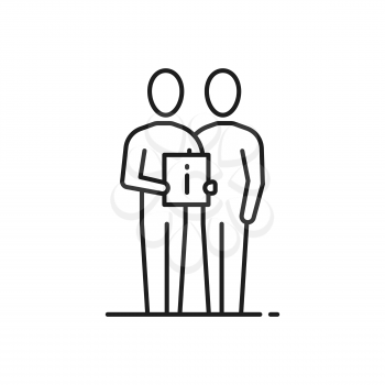 Customer support, person assistant help to client, information board in hands isolated thin line icon. Vector communicating people and private policy, conversation between hr manager and employee