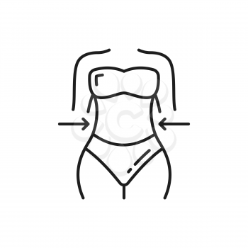 Woman in bikini slimming isolated outline icon. Vector fitness, hydration and lifting, spa salon procedures. Girl with sexy figure loss weight, lady in good shape, body massage health care treatment