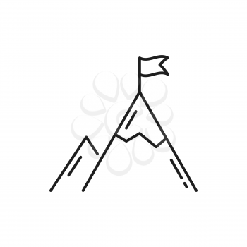 Mountain with flag on peak isolated leadership and management outline icon. Vector business success and achievement top point flag, goal and victory symbol. Reach top of career, motivation, winner