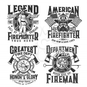 Tshirt prints with firefighter and equipment gas mask, glasses and helmet with ax. Vector emblems for apparel design. Fire department rescue team emergency service black and white t shirt labels set