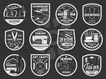 Sewing and tailor retro icons. Custom handmade clothing workshop, sewing tools shop or tailoring atelier monochrome vector emblems, vintage round and shield badges with sewing equipment and tools