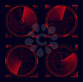 HUD military radar or sonar display of target detection, ui or gui design. Futuristic navigation system vector head up display with red neon radar grids, sight circle, blip signals on black background