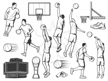 Basketball sport players throwing balls into net vector icons. Sportsmen run or jump during training, sport tournament. Basketball game, school league competition, championship isolated signs set