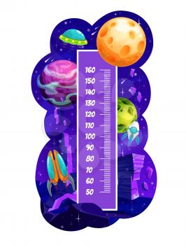 Kids height chart with space planets, growth measure meter ruler. Cartoon rockets and UFO in galaxy with stars. Vector wall sticker scale of children height measurement. Universe fantasy planets