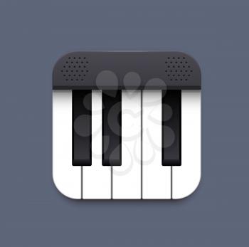 Piano music app interface 3d icon, vector keyboard of piano or synthesizer with white and black note keys. Mobile or web application ui, gui design, isolated square button of software widget
