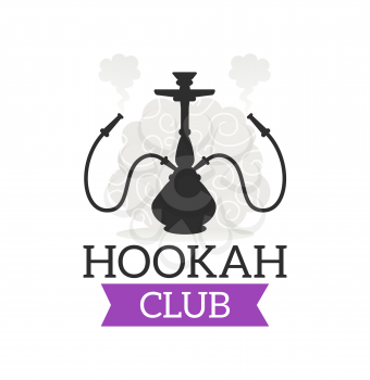 Hookah club vector icon with shisha smoking pipe. Lounge cafe or bar emblem with Arabic hookah, hooka or nargile isolated black silhouettes, smoke slouds and Arab ornaments