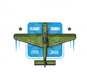 Flight tours icon, airplane travel or avia tourism with plane rental. Vintage airplane or propeller plane icon of civil aviation travel and private jets adventure, aviator pilot training