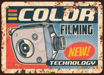Camera movie, video retro film, metal plate rusty or vector vintage poster. Color filming, cinema and motion picture technology, retro video film camera and footage studio sign, metal plate with rust