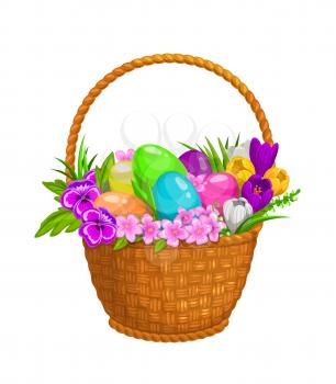 Easter eggs and spring flowers in wicker basket, vector isolate icon. Happy Easter egg hunt, spring holiday symbol of green, blue and red eggs, grass blades and crocuses in basket