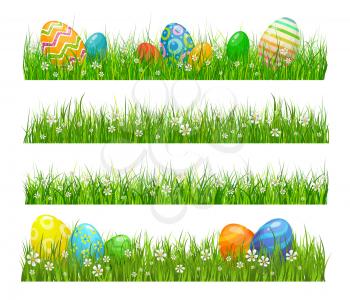 Easter green grass with eggs and flowers, cartoon vector borders. Painted eggs lying at green grass blades field. Easter hunt decoration element with spring blossoms on lawn
