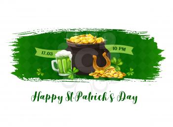 Happy Patricks Day vector banner with shamrocks, pot of gold coins, pint of Ireland ale beer. Cartoon horseshoe, green ribbon with date on tartan grunge background and Saint Patricks Day lettering