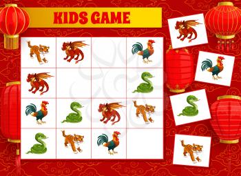 Child logical riddle, rebus game with Chinese New Year animals. Kids educational games book page, children winter holiday crossword. Tiger, dragon and cock, snake, china paper lanterns cartoon vector