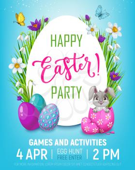 Easter egg hunt kid party vector invitation poster with cartoon bunny rabbit in eggshell. Happy Easter greeting with ornament eggs and butterflies on spring flowers and grass blades