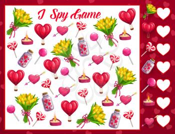 Saint Valentine day I spy game for children. Kids math puzzle with counting task, educational game. Air balloon, heart with arrow and lollypop, tulips bouquet, candle and magic potion cartoon vector