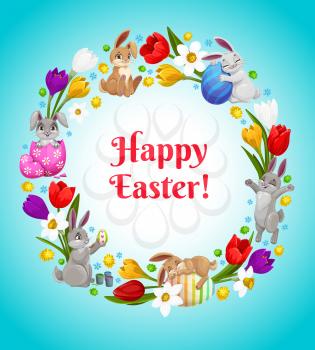 Happy Easter vector flower wreath with bunnies and decorated eggs. Cartoon greeting card, round frame made of poppies, crocuses and narcissus blossoms. Happy Easter holiday postcard with cute rabbits