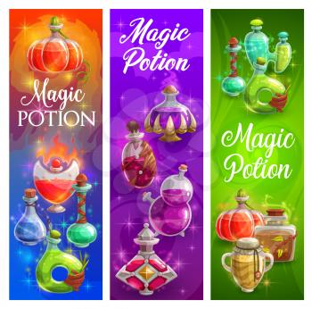 Halloween posters with witch magic potions bottles. Sorcerer spells, wizard elixirs liquid in spooky shapes glass flasks. Sorcery or alchemy potions, fairytale drinks or poisons cartoon vector