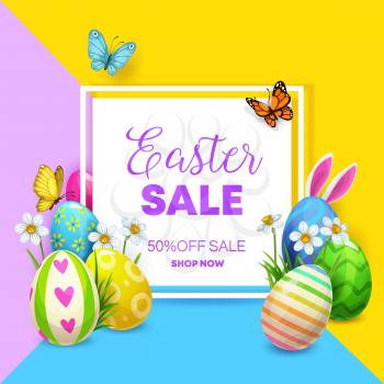Easter sale vector poster with eggs and bunny. Easter holiday offer of discount price with painted eggs, rabbit ears, spring flowers, green grass blades and butterflies, special promo design