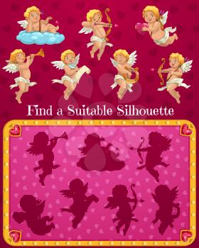 Valentines day child find suitable silhouette game with cupids cartoon characters. Kids playing activity with shadow matching task, children puzzle. Cupids or cherubs with bow, lyre and horn vector