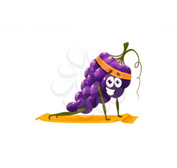 Bunch of grape in sport band doing yoga fitness exercises on pilates mat isolated cartoon character emoticon. Vector summer berries, muscat cardinal grapes on cluster, sportive healthy food dessert