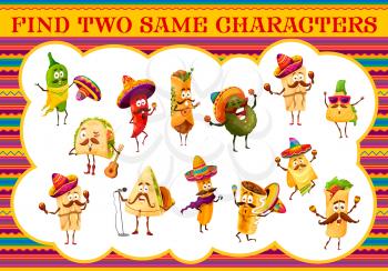 Cartoon mexican tacos and burrito, churros and jalapeno, nachos and avocado. Find two same characters kids vector game. Educational children riddle with singing and dancing mariachi tex mex snacks
