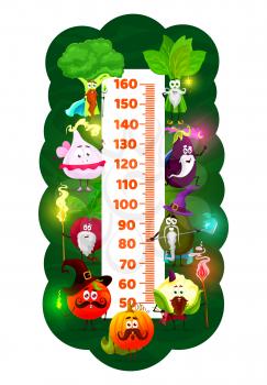 Cartoon vegetable magician, wizard or sorcerer, fairy enchanters on kids height chart. Growth measure meter with funny pumpkin, tomato and avocado, spinach, beetroot, eggplant and garlic, broccoli