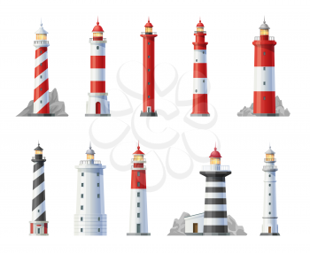 Lighthouse vector icons, beacon buildings, nautical seafarers, marine safety sailing light. Searchlight towers for maritime navigational guidance, sea navigator architecture with signal lights set