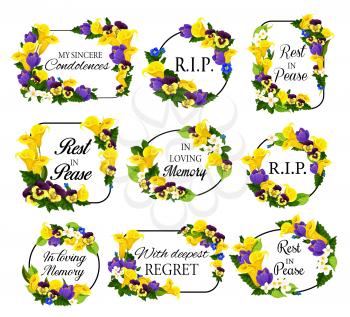 Funerary frame with spring flowers. Funeral card decoration with calla lily, narcissus and pansy, crocus, jasmine and perennial geranium vector. Memorial floral border with rest in peace condolences