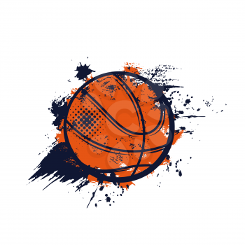 Basketball ball, sport streetball banner or emblem of club or team league, vector. Basketball championship and tournament sign, orange halftone ball with grunge shot splash, sport play action