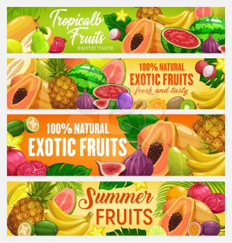 Fresh fruits bannners. Vector cartoon pineapple, banana or grapes, pomegranate, pear or durian, watermelon, papaya, passion and dragon fruit, exotic tropical lychee and kiwi, carambola mangosteen
