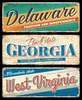 American states, Delaware, Georgia and West Virginia vintage vector banners, signs for travel destination. Retro grunge boards, antique worn signboards with typography, touristic landmarks plaques set